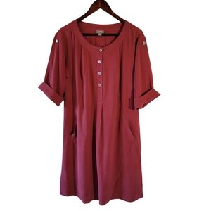 J. Jill Red Silk Dress Sz S Rolled Tab Sleeve Pocket Loose Fit Quite Luxury Crew